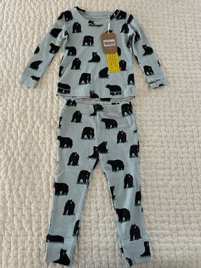 NWT Angel Dear Thermal Waffle Black Bear Long Sleeve Pajama Set Size 2T